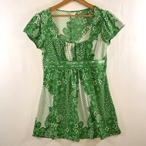 Studio Y Womens Y2K Retro Floral Polka Dot Babydoll Tunic Top Sz L Green Twee